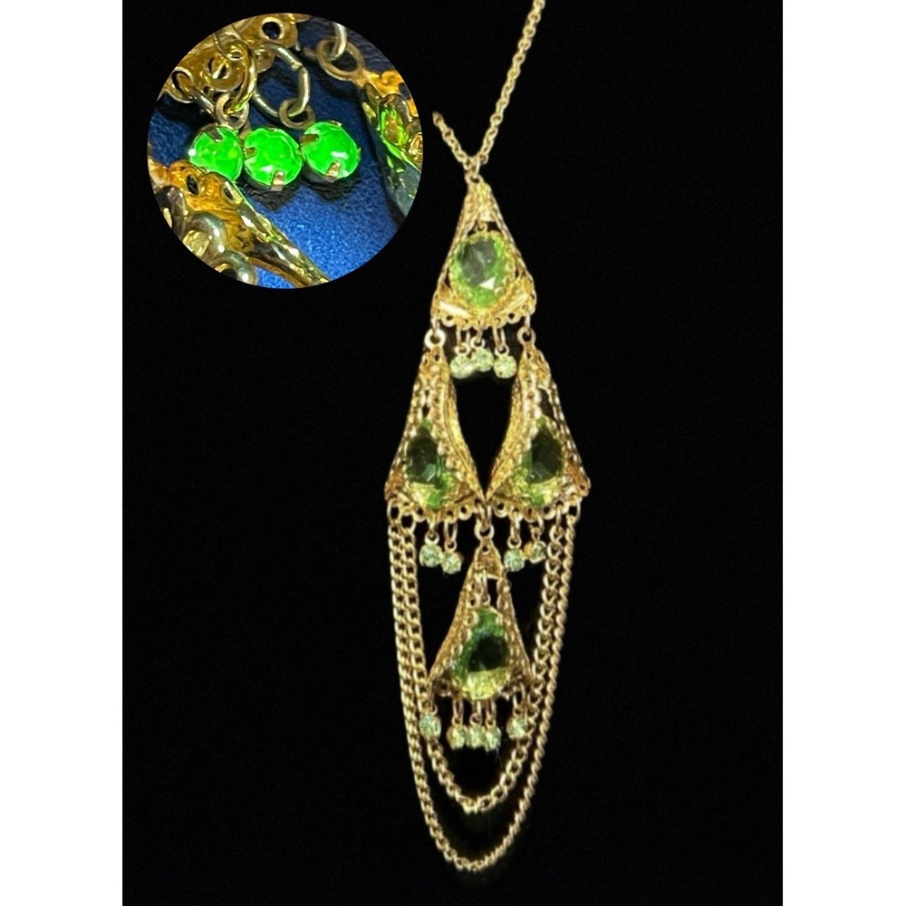 Vintage PARK LANE Necklace Rhinestone Green Gold Tone 22" Long Statement GLOW